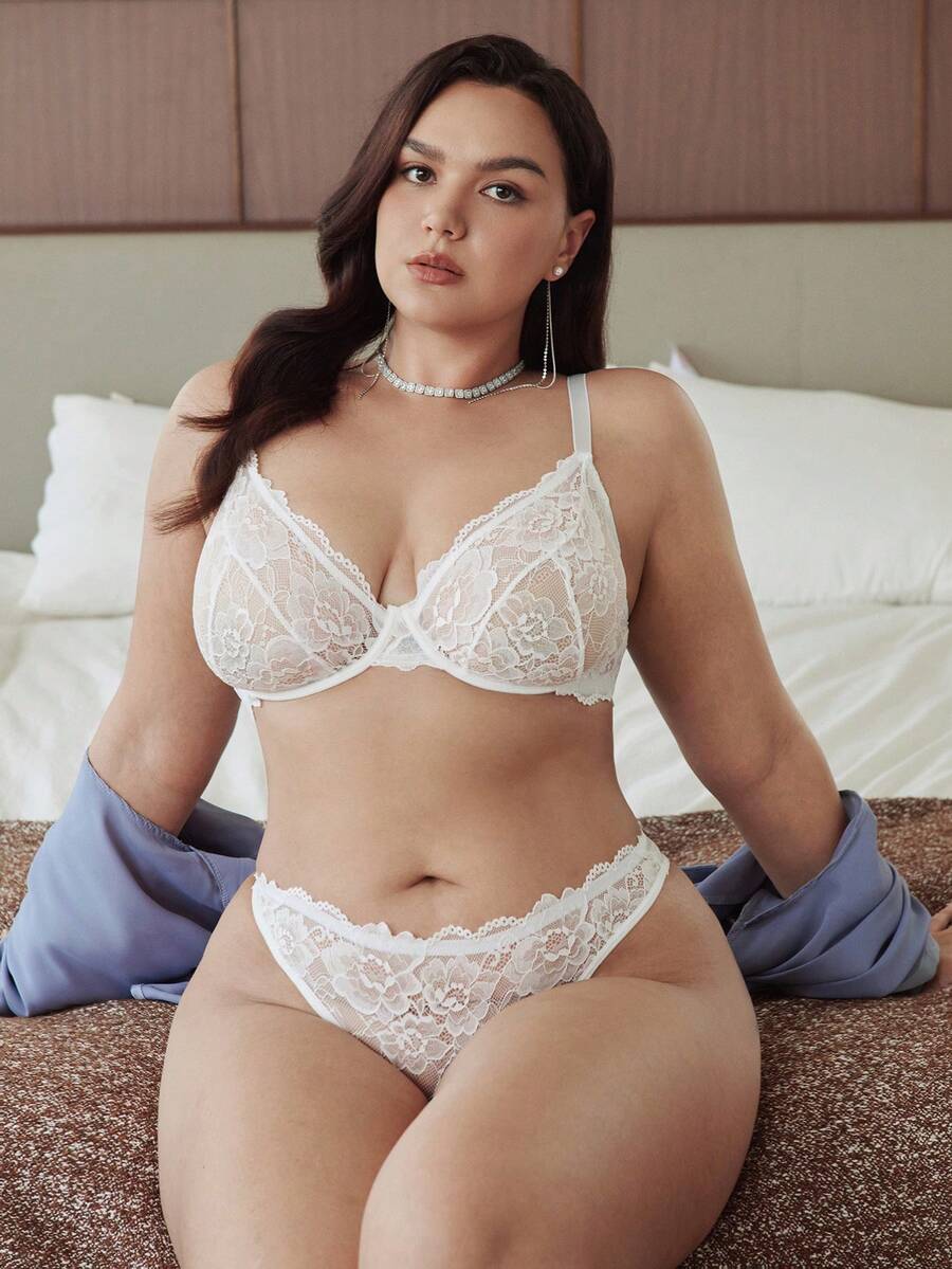 Slumbrini 1 Set Women Plus Size Solid Color Lace Underwire Comfortable Bra Set, Lift - White - View 1