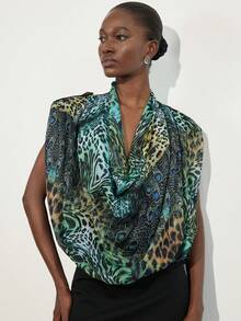 Aveloria Modichic 夏季藍綠色調多重動物印花組合孔雀豹紋隨機雪紡印花荷葉領深垂領寬肩效果寬鬆女式襯衫上衣現代通勤野性度假休閒龐克優雅百搭 - 彩色 - 查看 5
