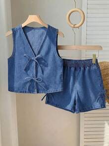 SHEIN Girls' Blue Denim Sleeveless Vest And Loose Shorts 2-Piece Set - Medium Wash - View 3