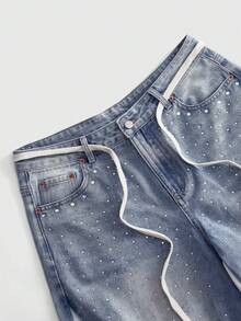 ROMWE MEN Shorts vaqueros holgados para hombre con parches de strass brillantes y contraste de color - Lavado ligero - Ver 2