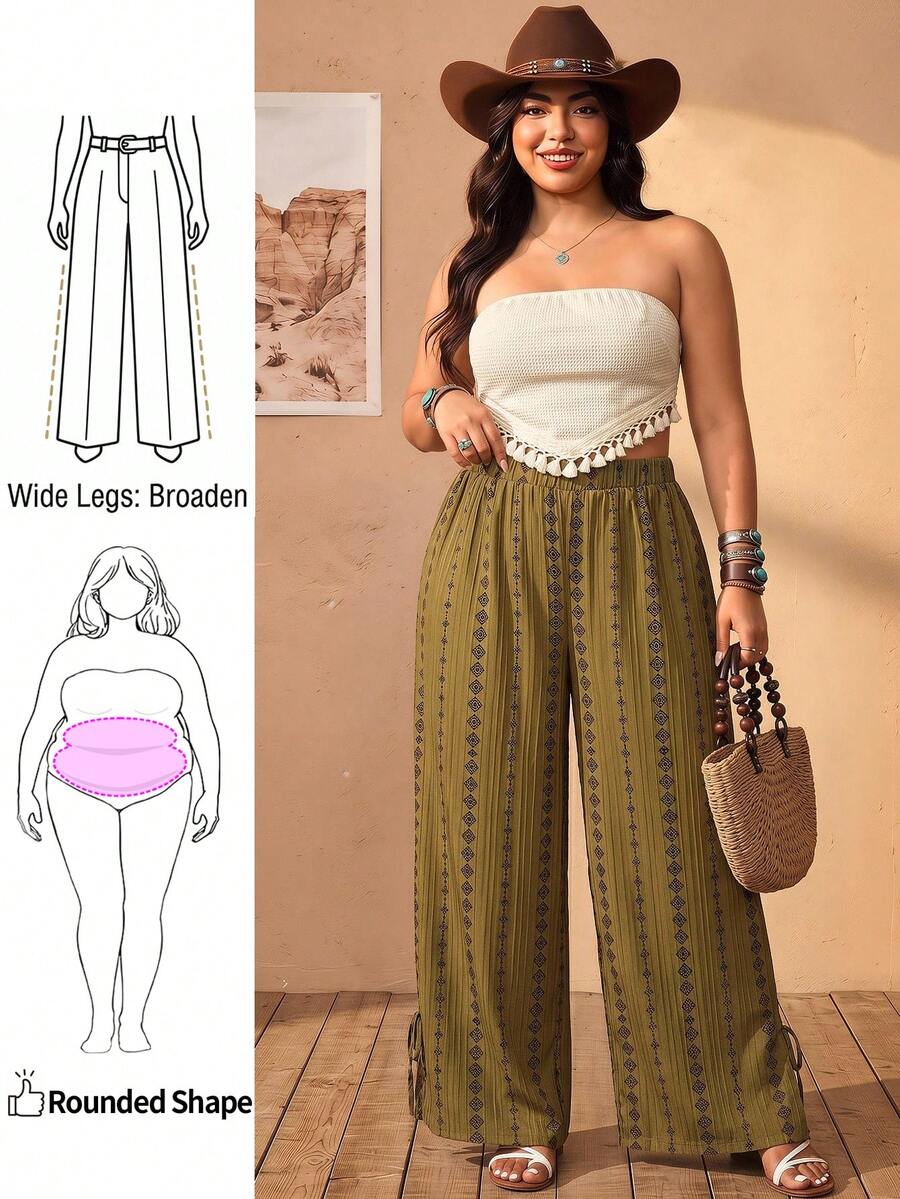 Enliva Plus Size Loose Printed Vintage Bohemian Style Vacation Wide-Leg Pants With Pockets And Elastic Waistband - Green - View 1