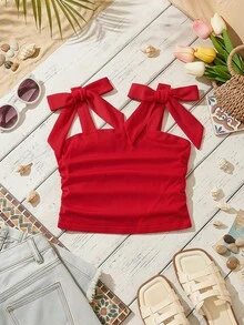 SHEIN 【隨機6件，發送1件】！驚喜盒!!!! 少女純色條紋花卉抓皺休閒背心 - 白色 - 查看 1