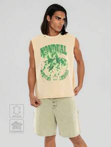 FORM&CHAOS Tank Top Pria Longgar Motif Grafis Kasual Street Wear dengan Hem Berumbai untuk Musim Panas dan Pantai, Warna Putih - Krem - View 1