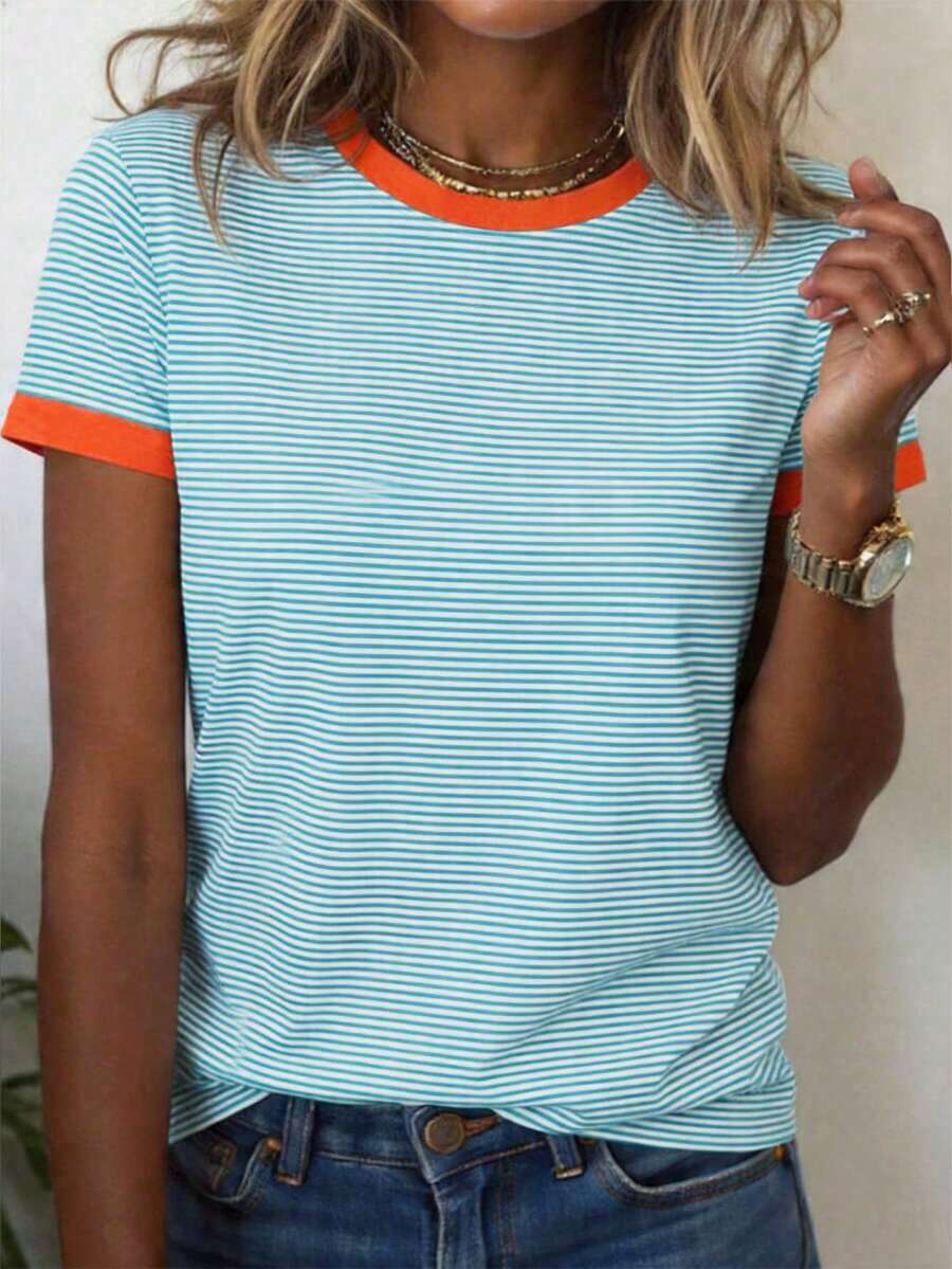 EMERY ROSE Plus Size Women's Contrast Color Stripe Print Round Neck Short Sleeve T-Shirt - Multicolor - View 1