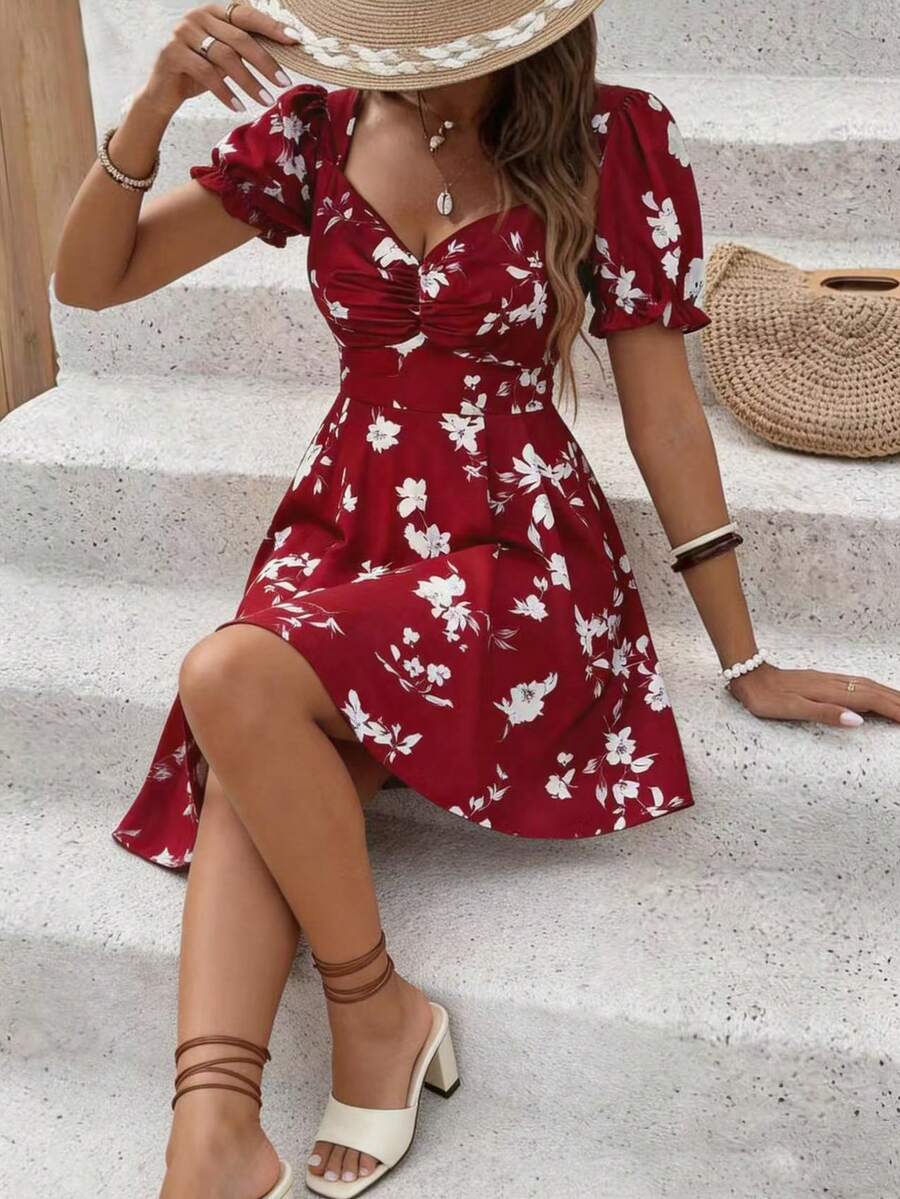 Elenzga Plus Size Women Elegant Front Pleated Waist Cinched Short Sleeve Dress - Burgundy - View 1