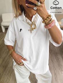 SHEIN EZwear 白色針織女款刺繡短袖T恤 - 白色 - 查看 7