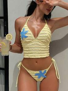 Bonvoyette 女款3D海星裝飾掛脖綁帶坦基尼上衣與三角坦基尼泳褲兩件式泳衣套裝，適合夏季度假 - 淡黃色 - 查看 3