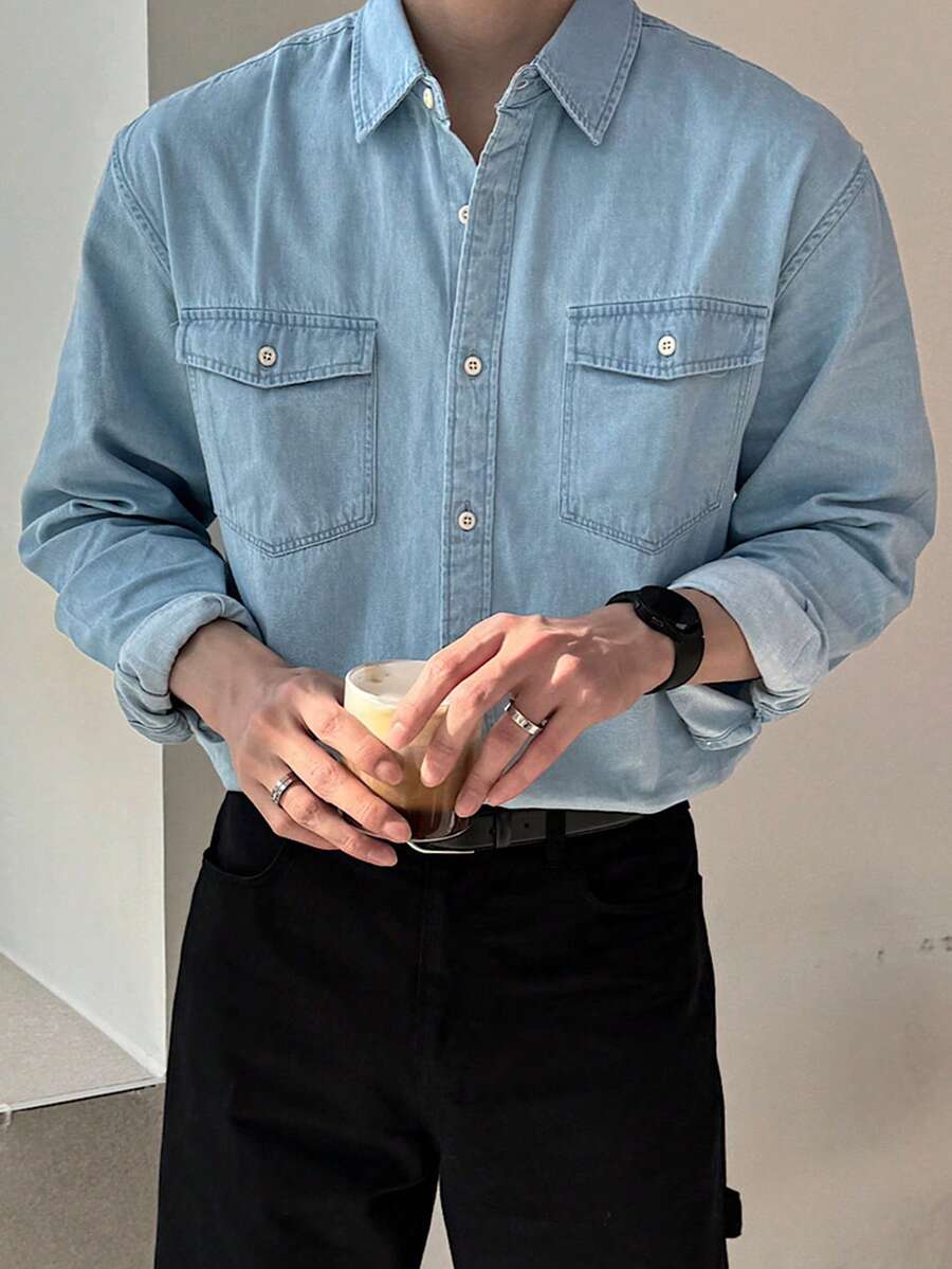 DAZY Men's Single-Breasted Casual Versatile Daily Wear Shirt - Blue - View 1