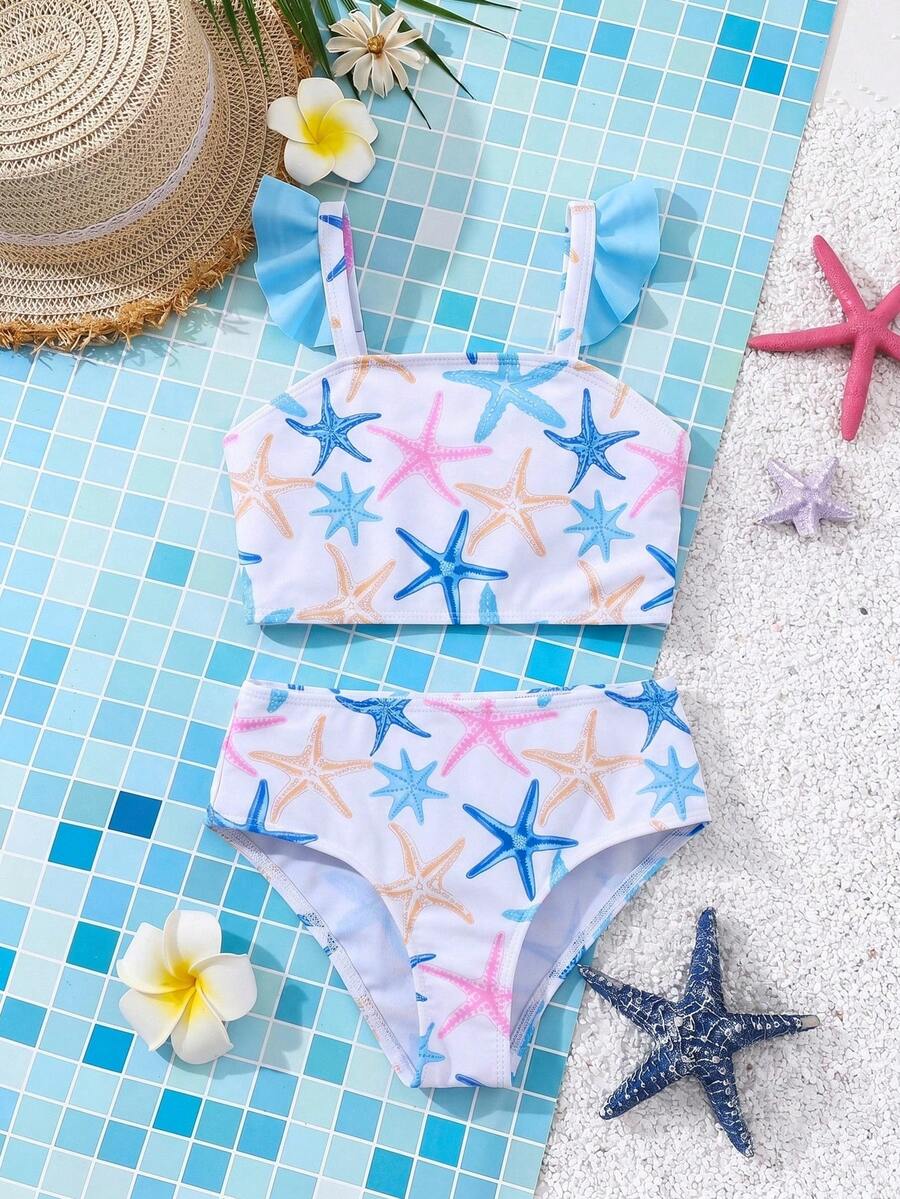 SHEIN Conjunto de traje de baño con estampado de estrella de mar y volantes para niña - Multicolor - Ver 1