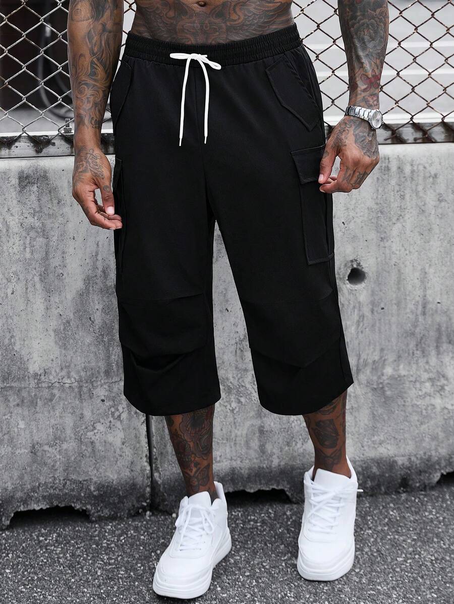 SLATEMANN Men's Casual Versatile Solid Color Cargo 7/10 Length Pants - Black - View 1