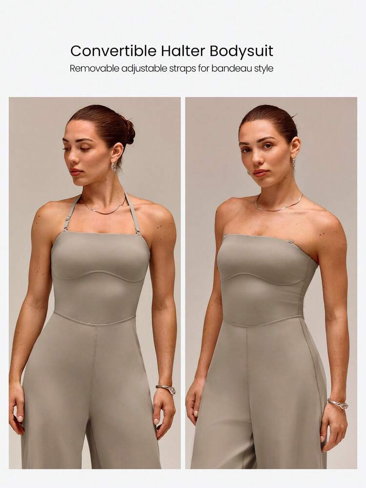 31" Quick-Dry Glow Motion Wide Leg Halter Anti-Slip Jumpsuit With Detachable Adjustable Shoulder Straps Removable Cups Low Impact Daily Casual Wear