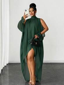 Maweii Plus Size Women's Solid Color Chiffon Off-Shoulder High-Low Pleated Dress Fall - Dark Green - View 1