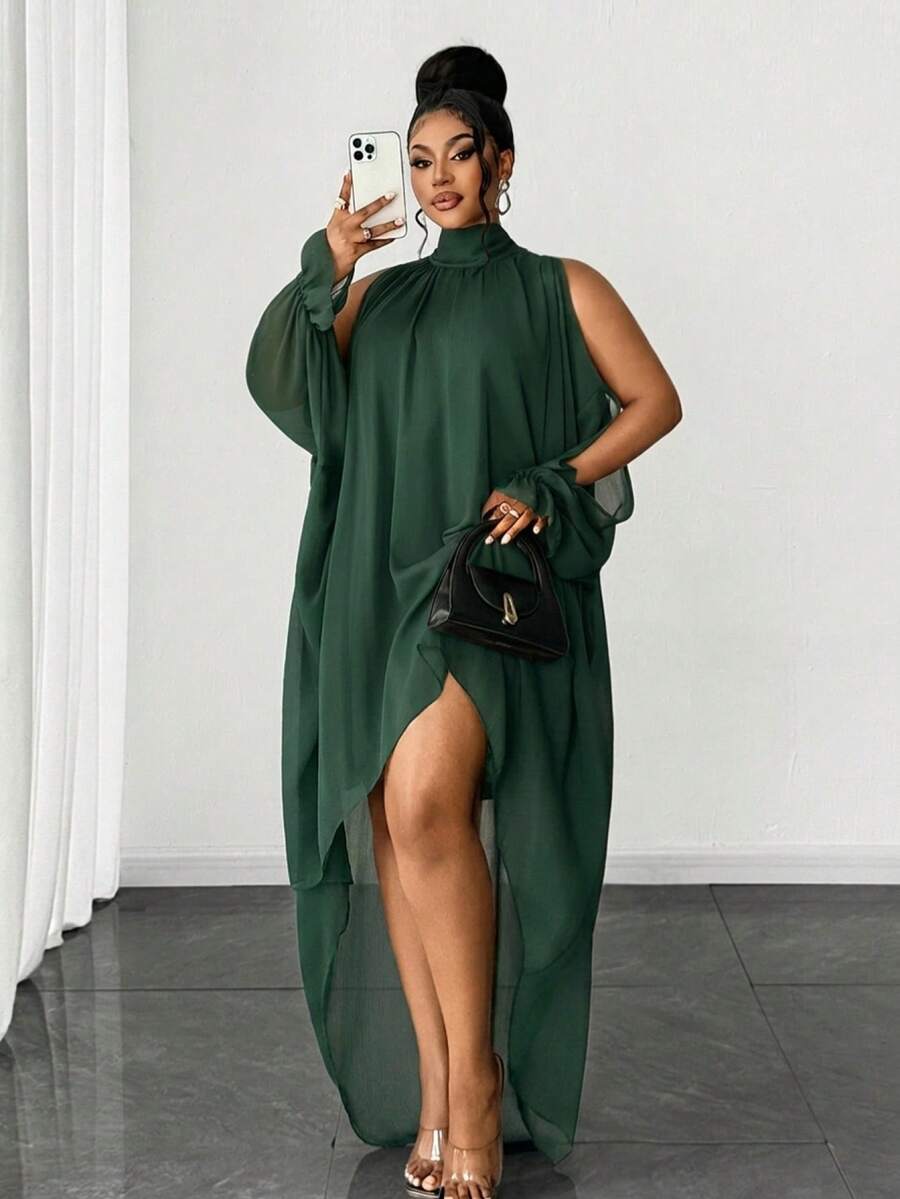 Maweii Plus Size Women's Solid Color Chiffon Off-Shoulder High-Low Pleated Dress Fall - Dark Green - View 1