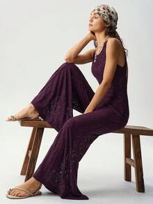 Bohemela Summer Casual Vacation Versatile Purple Lace Print Knitted Women's Slim Jumpsuit - Purple - View 1