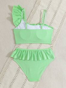 SHEIN Tween Girls Bikini Sets, Blue And White Patchwork Striped Cute Ruffle Asymmetrical Shoulder Flounce Adjustable Strap Ruffle Trim Triangle Bikini Two Pieces Swimsuit Set - Green - View 2