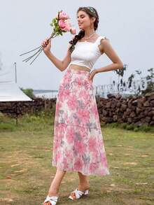 Modelyn 女款白色花卉高腰裙 茶會夏季優雅 - 粉色 - 查看 7