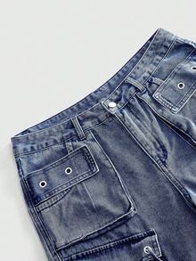 ROMWE MEN Street Life Men's 3D Pocket Cargo Denim Shorts - Blue - View 4