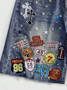 ROMWE MEN Pantalones cortos de mezclilla holgados para hombre con patrón de bordado de cruz de diamantes brillantes - Azul - Ver 2