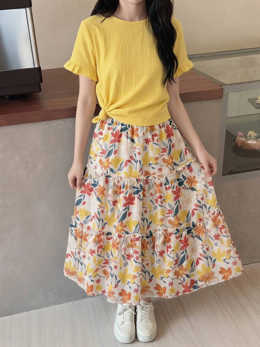SHEIN 少女黄色碎花吊带背心和短裤套装,休闲夏季假日装 - 黃色 - 查看 1