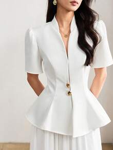 Heiryn Women's White Peplum V-Neck Top Palazzo Pants Set - Summer, Quiet Luxury, Minimalist Basic, Bridal Shower, Graduation Golf - White - View 3