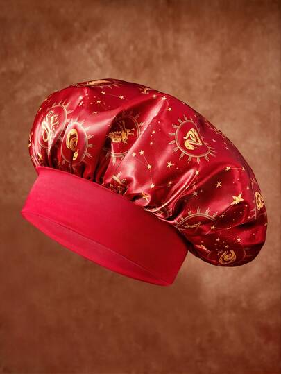 HARRY POTTER X SHEIN Gorro de cuidado del cabello de doble capa mejorado para mujer en beige claro, gorro de dormir de satén con estampado de fresa y elástico ancho, suave y cómodo para uso diario en el hogar, dormir, lindo y dulce