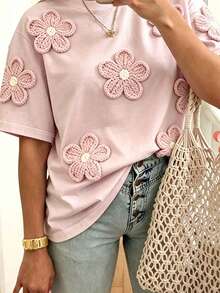 EMERY ROSE 女款大尺碼休閒短袖圓領仿刺繡花卉T恤 - 彩色 - 查看 3