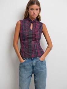 Nöista Plaid Mandarin Collar Top With Keyhole Neckline For Going Out And Vacation Styling. - Purple - View 1