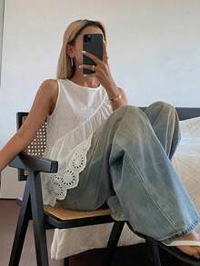 DAZY Solid Color Loose Short Sleeve Round Neck Pleated Casual Vacation Summer Blouse Shirt For Women - White - View 5