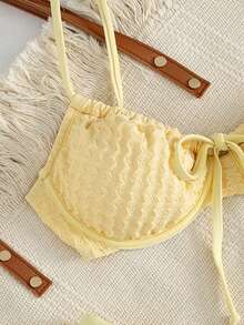 Swim Mod New Lemon Yellow Textured Bikini, Bow Knot Front, Underwire Support & High Leg Beach Swimwear - Yellow - View 9