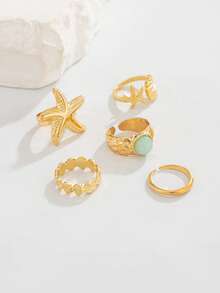 ROMWE Fairycore 5 Anillos de pie de estilo oceánico de moda, conjunto de anillos de pie de metal geométrico con estrella de mar y concha brillante, anillo de pie abierto dorado, regalo para dama/esposa/hija - Amarillo dorado - Ver 3