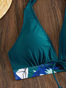 Swim Lushoire 女款夏季海灘抓皺掛脖綁帶性感比基尼短褲兩件式泳衣套裝 - 綠色 - 查看 6