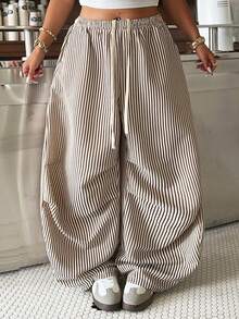 Muchica Plus Size Women Striped Casual Versatile Daily Wear Wide Leg Pants - Multicolor - View 7