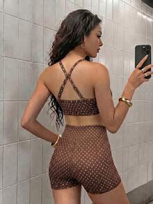 StreetHx Women's Spaghetti Strap Polka Dot Comfortable Breathable Summer Fitness Sportswear Set - Multicolor - View 2