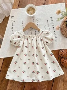 SHEIN 女宝宝可爱绿色格子短袖蝴蝶结宽松连衣裙，夏季度假 - 彩色 - 查看 8