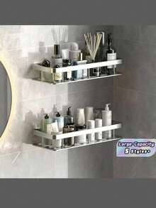 Rust-Proof Polished Metal Bathroom Shelf, Aluminum Storage Rack, Wall-Mounted Drill-Free Shower Caddy, Bathroom Organizer, Kitchen Rack, Can Be Wall-Mounted In Bathroom And Kitchen, For Storing Shampoo, Conditioner, Spices, Toiletries And Cosmetics, Perforated Drainage Design, Ideal Bathroom Accessory, Bathroom Storage And Organization, Perfect Home Decor And Bathroom Storage Decoration - Multicolor - View 4