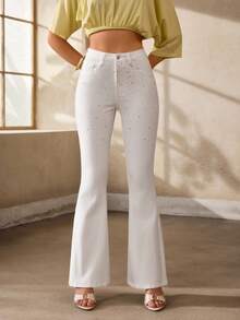 Selenza Celana Jeans Wanita Model Flare Kasual dengan Hiasan Rhinestone dan Kantong, Cocok untuk Pesta Malam di Klub, Warna Putih, dan Musim Panas. - Putih - View 8