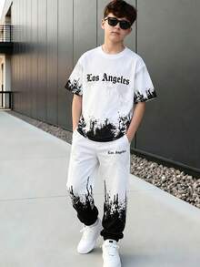 SHEIN 男童休閒時尚極簡風藍灰白拼接T恤與長褲2件套，適合春夏季日常出遊與玩耍 - 黑色 - 查看 1