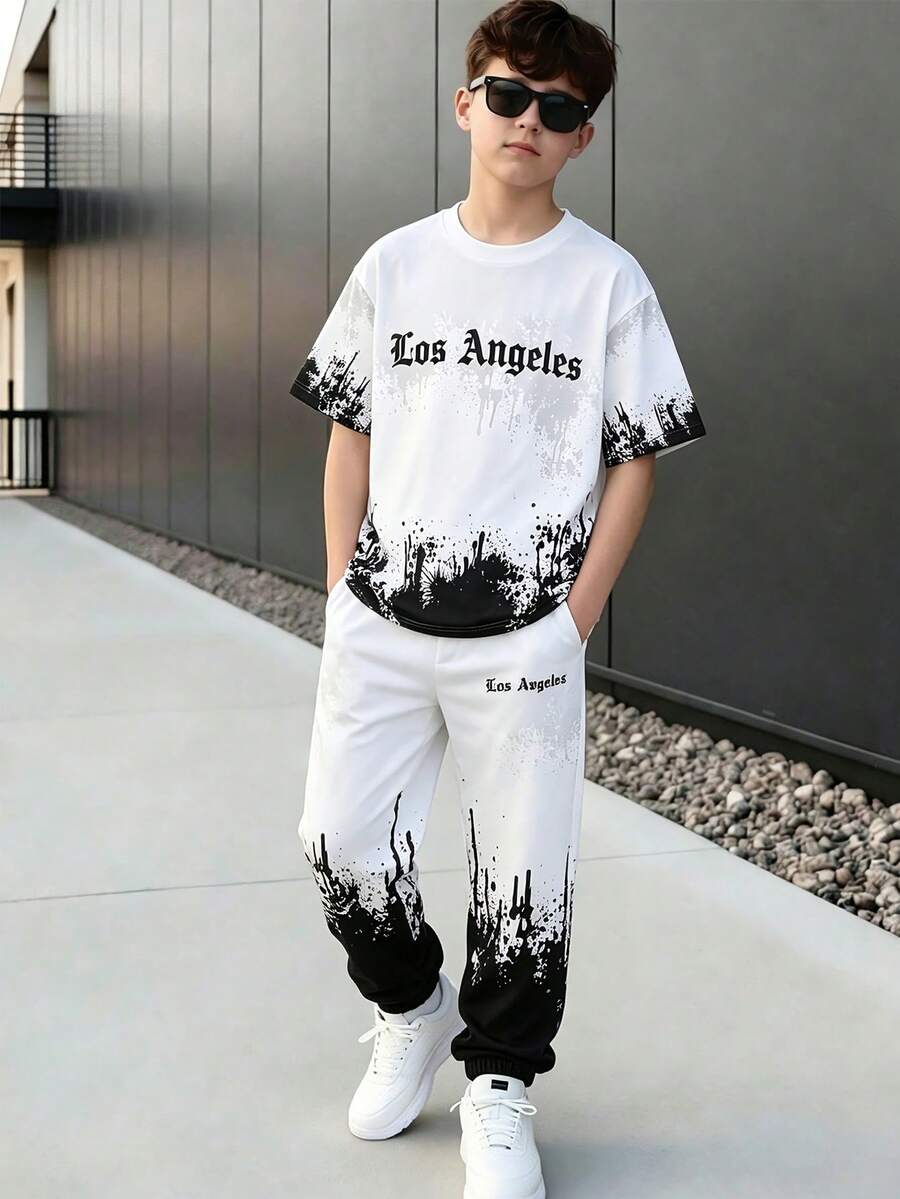 SHEIN 男童休閒時尚極簡風藍灰白拼接T恤與長褲2件套,適合春夏季日常出遊與玩耍 - 黑色 - 查看 1