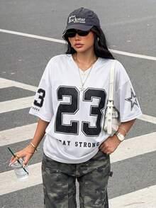 SHEIN Girlism 青少年女孩 T-Shirt 休閒簡約字母數字圖案 23T-Shirt 白色 球賽穿搭 適合夏季 適合球賽 - 白色 - 查看 3