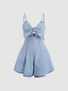 SHEIN MOD 大尺碼女款百褶休閒日常牛仔細肩帶連身褲 - 藍色 - 查看 6