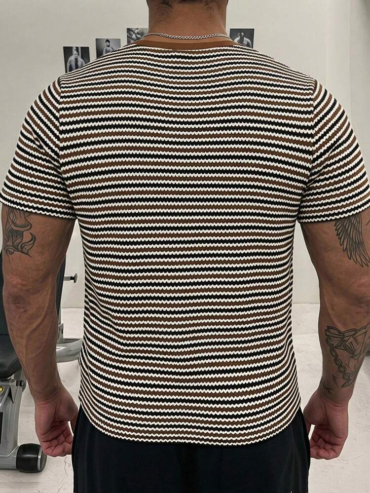 Textured Fabric Short Sleeve Brown Striped Plus Size Men's T-Shirt