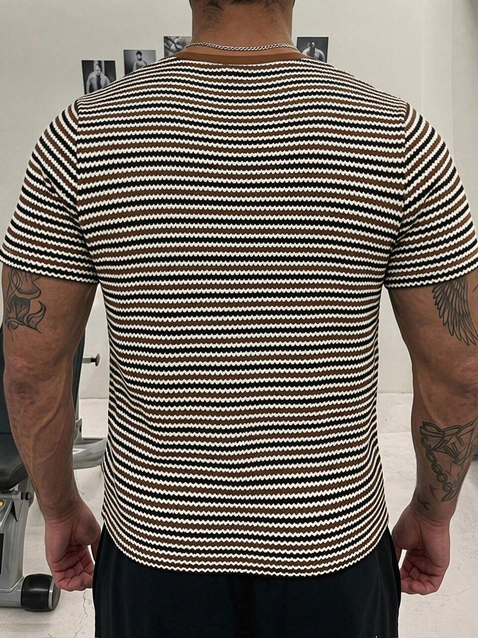 Textured Fabric Short Sleeve Brown Striped Plus Size Men's T-Shirt Summer
