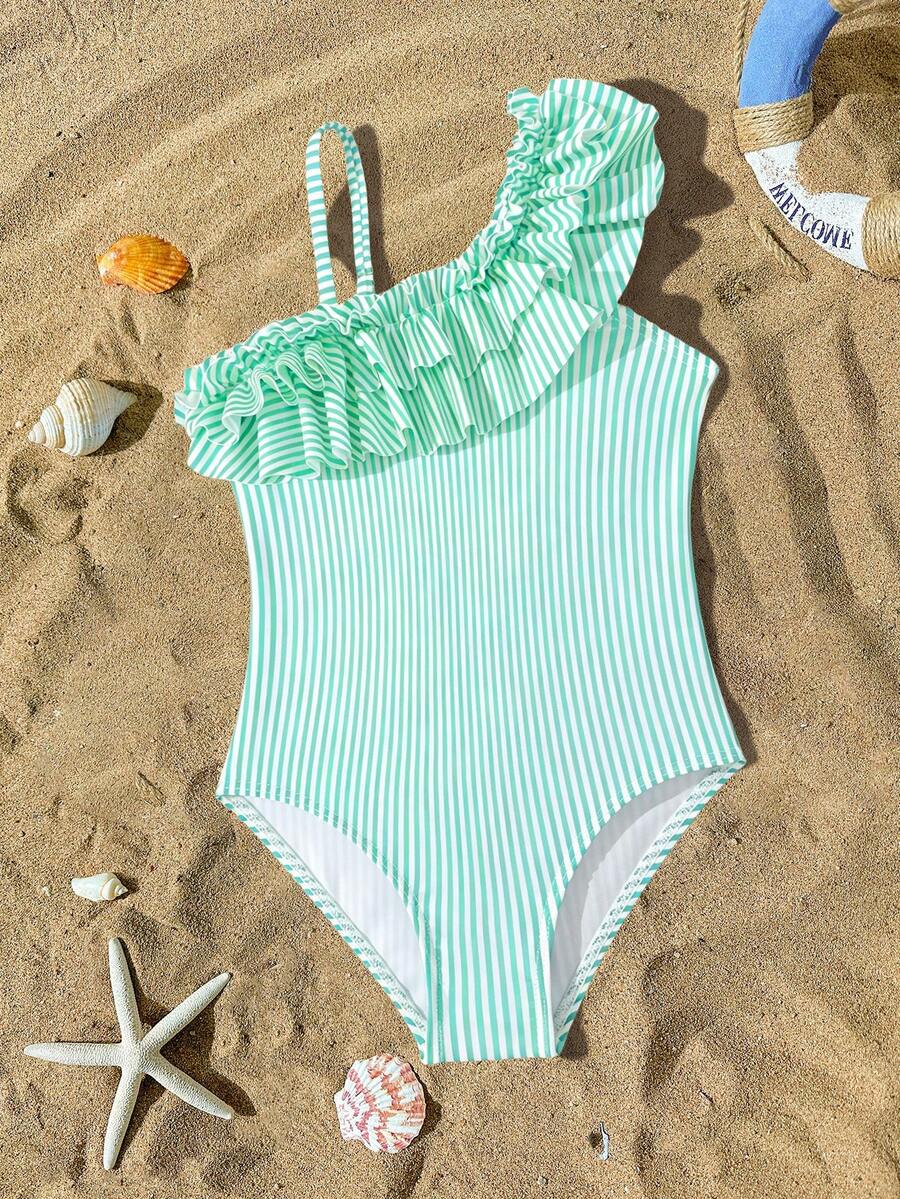 SHEIN 少女條紋百褶連身泳衣,適合海邊度假、泳池派對、海灘派對 - 薄荷綠 - 查看 1