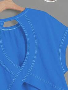 SHEIN Essnce Women's Casual Round Neck Backless Asymmetrical Hem Loose Sleeveless T-Shirt, Suitable For Summer,Summer Top - Blue - View 5