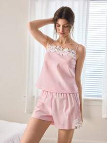 Ocili 100%纯棉提花刺绣柔软舒适吊带睡衣套装（女士款） - 粉色 - 查看 6