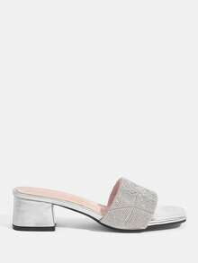 CUCCOO TILAWA Women Shoes Slip-On Design Square Heel Silver Rhinestone Upper High Heel Sandals Suitable For Parties, Daily Wear, Evening Wear, Heightening And Elongating Legs Summer - Silver - View 2