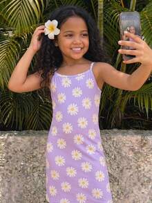 Young Girl Fashion Daisy Knit Print Purple Camisole Dress - Purple - View 2