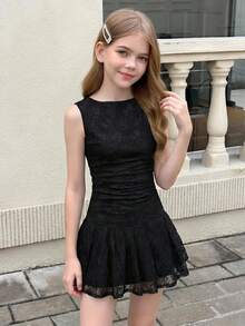 SHEIN 少女休闲纯色无袖圆领连衣裙 - 黑色 - 查看 8