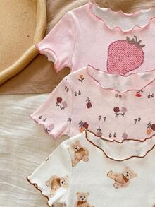 SHEIN LMoss Kids 女嬰熊/草莓/花卉印花荷葉邊上衣與長褲家居服 3套 6件組 - 彩色 - 查看 3