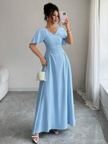Elenzga Women's Spring/Summer Baby Blue Distressed Pleated French Style Elegant Sophisticated Work Commute Casual Vacation Romantic Beach Party Ruffle Dress - Baby Blue - View 3